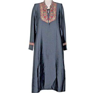VTG Florance Sz 12 Eur 42 Navy Blue Embroidered Collar Hostess Gown Robe Dress